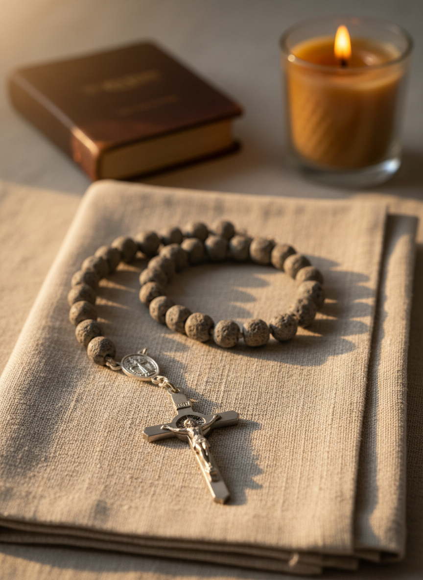 A close-up of a simple stone rosary laid in a gentle curve across a folded linen cloth in soft cream, each bead slightly irregular with a matte, tactile texture. The crucifix at the end is brushed silver, with fine, precise details set against the fabric’s subtle weave. In the background, slightly out of focus, lies a small leather prayer book and a lit beeswax candle in a glass holder. Warm, golden hour light from the side casts delicate shadows between the beads and a soft glow on the crucifix. Photographed with a shallow depth of field and centered composition, the mood is intimate, meditative, and deeply contemplative, perfectly suited to Catholic devotion.