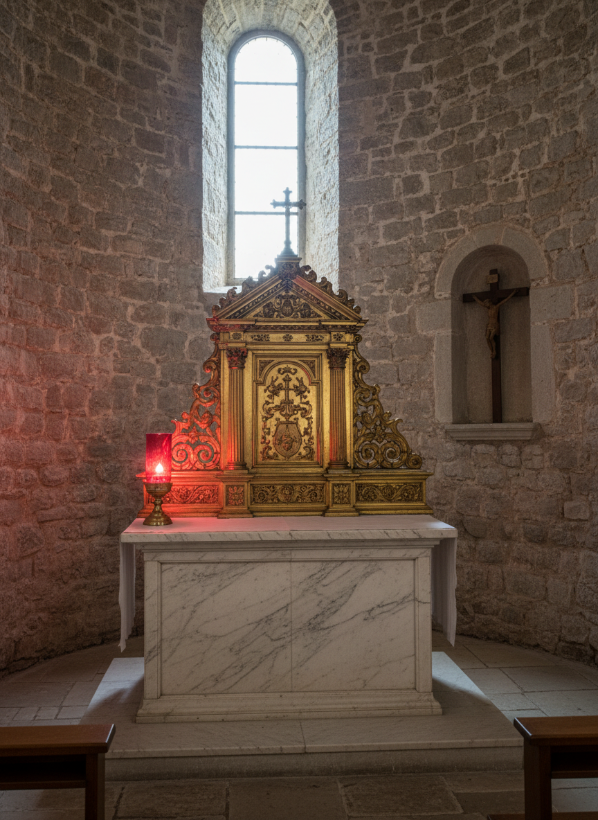 A small stone chapel interior featuring an ornate tabernacle in gleaming gold, set into a marble altar with subtle veining in cream and gray tones. A red sanctuary lamp in a glass holder glows softly nearby, emphasizing the sense of sacred presence. The walls are simple, with a single niche holding a carved wooden crucifix. Warm, indirect artificial lighting combines with diffused daylight from a high window, creating a serene and peaceful atmosphere. Shot from a slightly elevated angle in photographic realism, the composition uses the rule of thirds, with the tabernacle as the focal point and the sanctuary lamp providing a warm counterbalance in the frame.