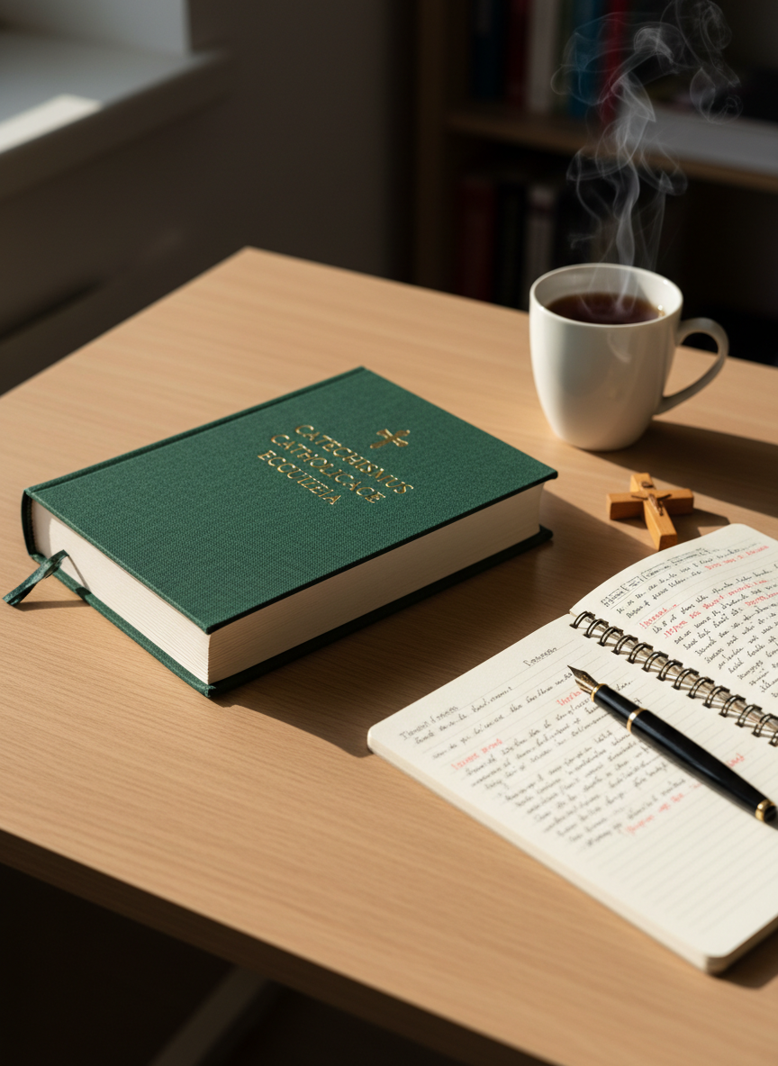 A neatly arranged desk dedicated to Catholic study, featuring a hardcover Catechism of the Catholic Church with a textured dark green cover, a spiral-bound notebook filled with handwritten notes, and a fountain pen resting diagonally across an open page. A small, simple wooden crucifix lies beside the notebook, and a ceramic mug of tea releases a faint wisp of steam. The desk surface is smooth light oak, and a window just out of frame casts soft, natural afternoon light that creates gentle shadows and subtle highlights on the objects. Captured from a slightly elevated, three-quarter angle in a clean, modern photographic style, the image feels focused, studious, and inviting to thoughtful theological reflection.