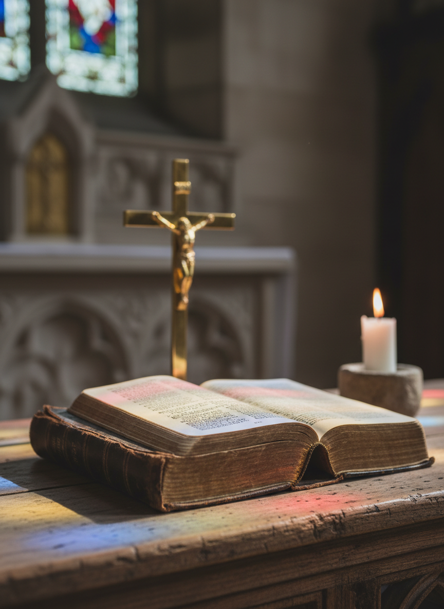 A beautifully worn leather-bound Bible with gilded page edges lies open on a simple wooden altar, its pages slightly curled and textured from years of use. A polished brass crucifix stands upright behind it, and a single white candle in a stone holder burns steadily to one side. Soft morning light filters through an unseen stained-glass window, casting gentle, colored reflections across the wood grain. The mood is contemplative and reverent. Photographed at eye level with a shallow depth of field, the text and cross are in sharp focus while the background fades into a gentle blur, creating a clean, professional, and realistic representation of Catholic faith lived in prayerful study.